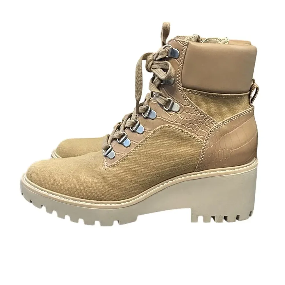 VGC Dolce Vita Hank Canvas Faux Leather Combat Winter Hiking Café/Tan Boots 8.5